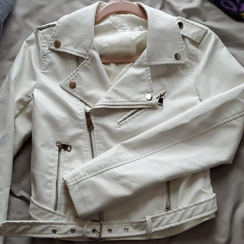 White faux leather moto jacket